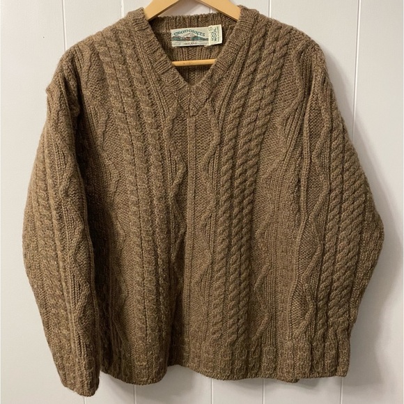 Aran Crafts 100% Wool Fisherman Knit V Neck Sweater Ireland Retro Grandpa Brown - Picture 2 of 7